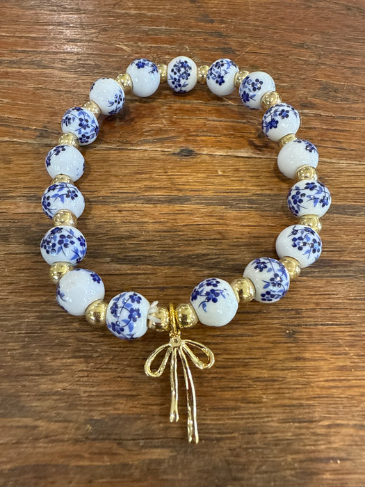Porcelain Blue & White Chinoiserie Beaded Stretch Bracelets.  Multiple Styles.