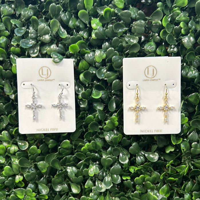Diamond Cross Earrings with Stone in the Middle