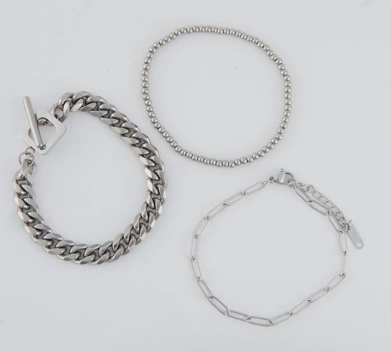 Waterproof Silver Curb Chain Bracelet Set