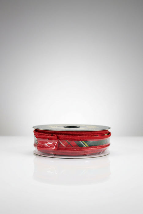 Traditions Plaid Double Sided Fused Metallic Red John Mark Ribbon: 1in wide x 10yd