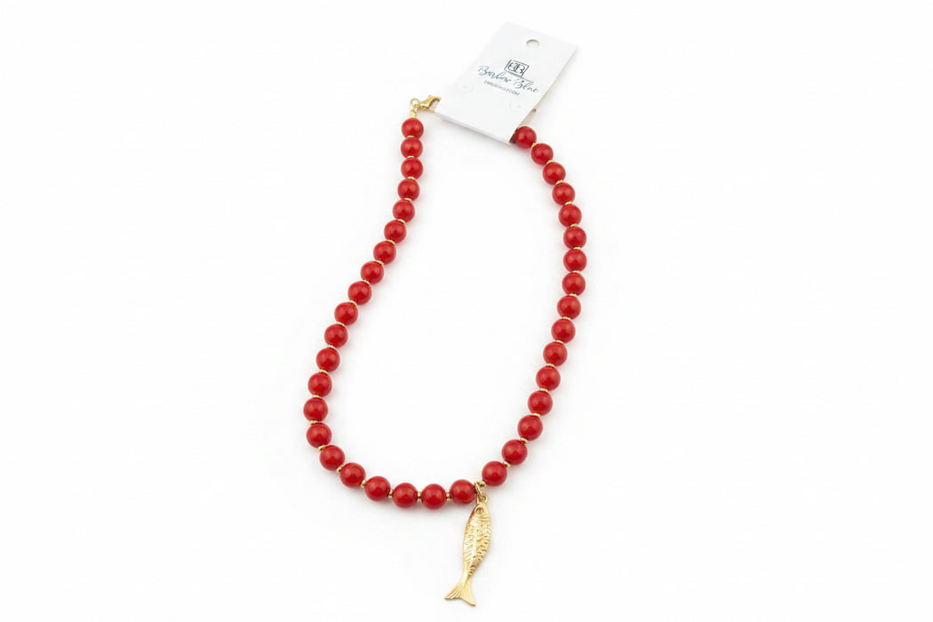 Red Beaded Necklace with Gold Sardine