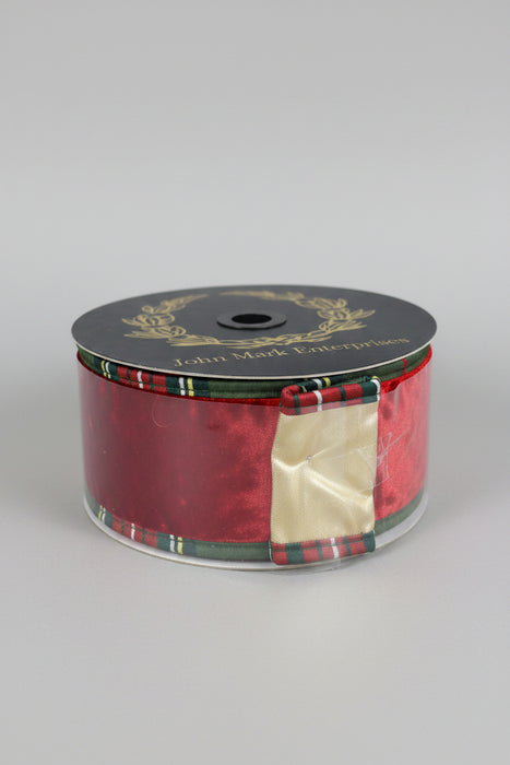 Red Velvet Fused Metallic Dupion Plaid Piping, John Mark Ribbon: 2.5in wide x 10yd