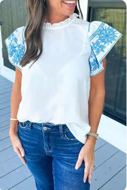 White Top with Blue Embroidered Ruffle Sleeves