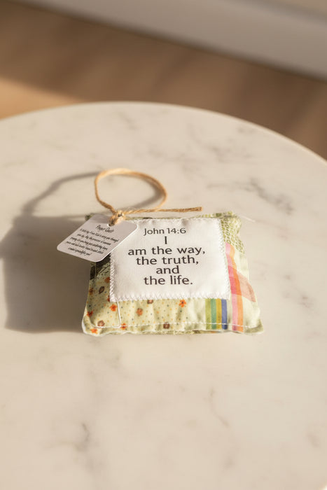 Square Pocket Prayer Quilt with a Wood Cross Inside.  Different Verses or Quotes Available.