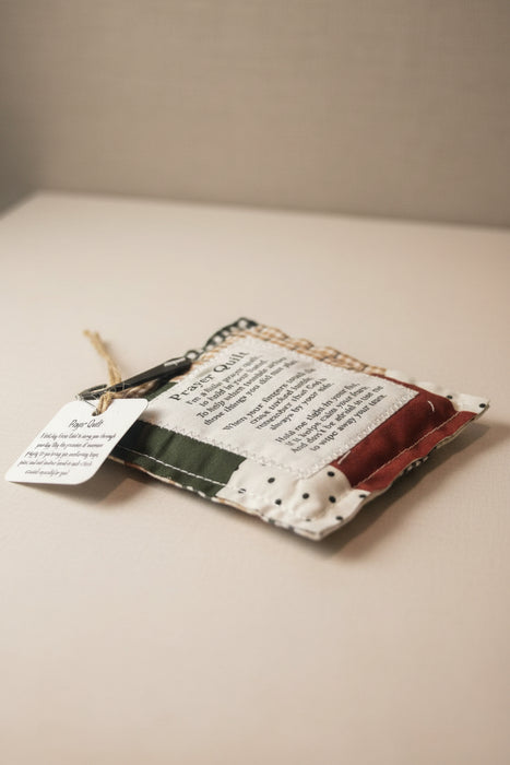 Square Pocket Prayer Quilt with a Wood Cross Inside.  Different Verses or Quotes Available.