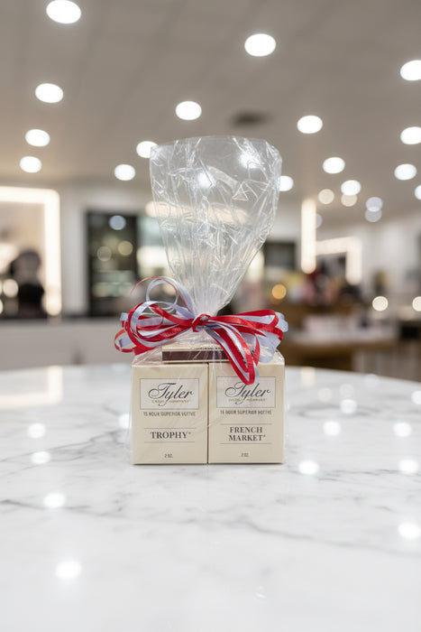 Gift Set of 2 Candles w/ Matches -Tyler Candle Company 15 Hour (each!) Superior Votives. These are grab bag style that are wrapped and ready to go!