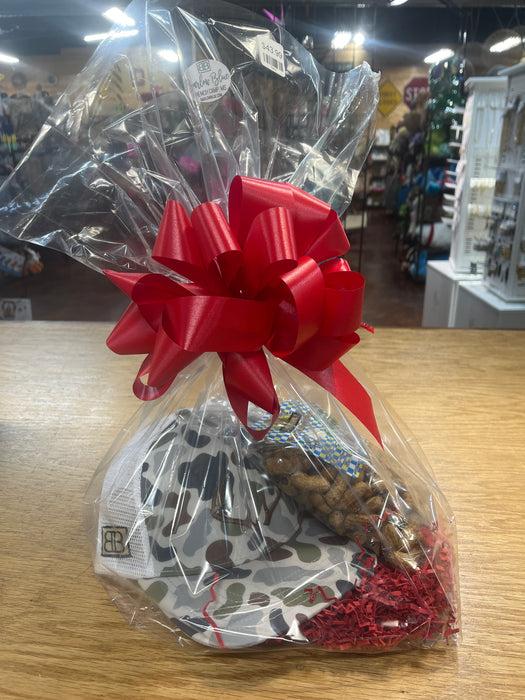 Ready to go Valentine Basket - Deer Antler Camo Men’s Hat and Sour Cream & Onion Flavored Deep Fried Peanuts