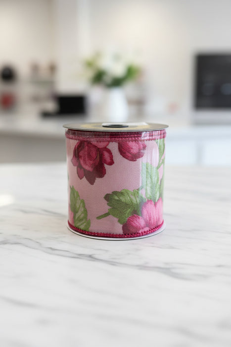 Floral Metallic Jacq Fused Fuschia/Green John Mark Ribbon: 4in wide x 5yd