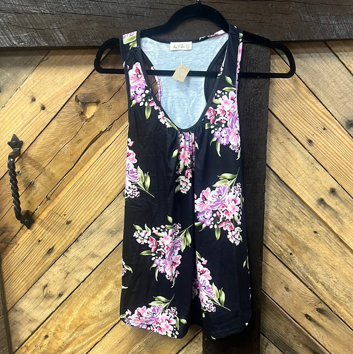 #105 Black tank with purple and pink flowers - S & 2XL ONLY!