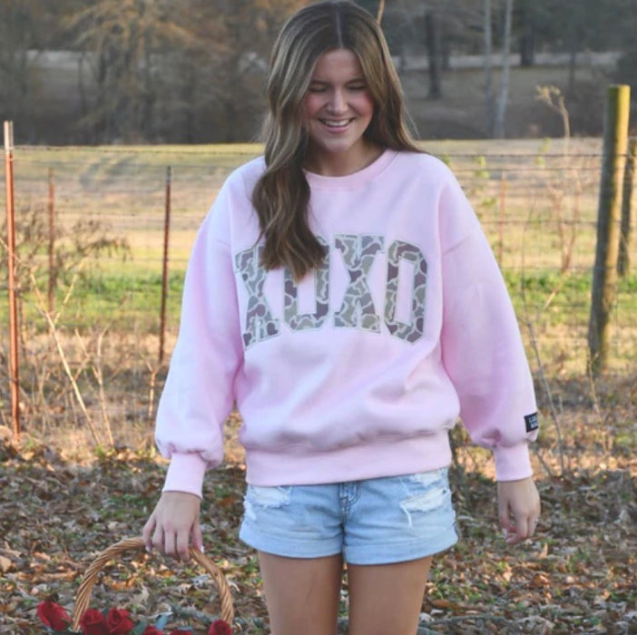 XOXO Lulu Mac Sweatshirt Pink with Camo Embroidered Design **NEW VALENTINE'S DAY DROP PREORDER**