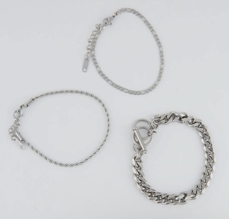 Waterproof Silver Figaro Chain Bracelet Set