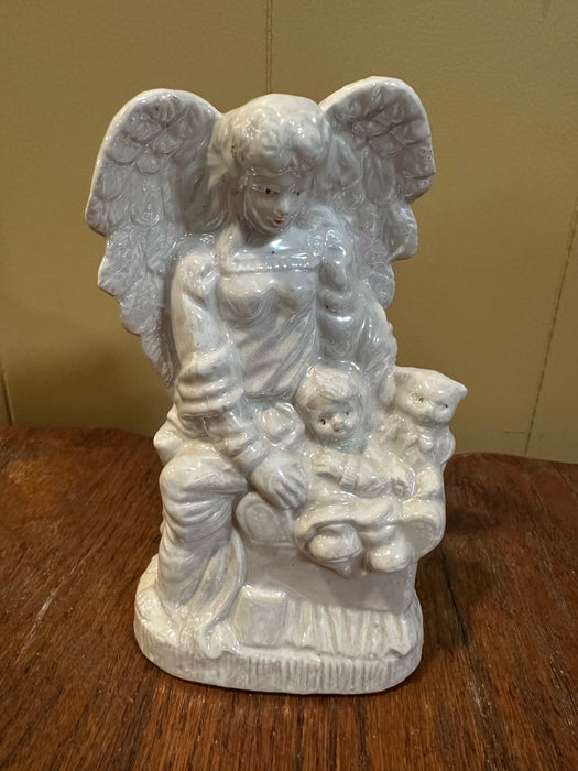 Vintage Guardian Angel Holding a Child & Kitten.  Glossy Ceramic