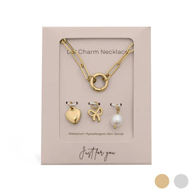 Waterproof Charm Necklace Set.  Includes 18K PVD Chain & 3 Charms.  Faith, Bow & Sunburst