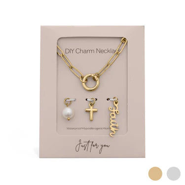 Waterproof Charm Necklace Set.  Includes 18K PVD Chain & 3 Charms.  Faith, Bow & Sunburst