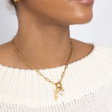 Waterproof Charm Necklace Set.  Includes 18K PVD Chain & 3 Charms.  Faith, Bow & Sunburst