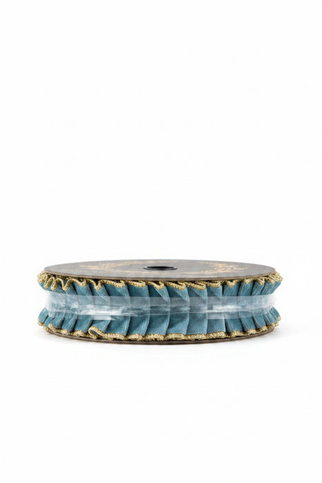 Aqua Velvet Pleated Metallic Dupion Double Sided Fused John Mark Ribbon: 1.5in wide x 10yd