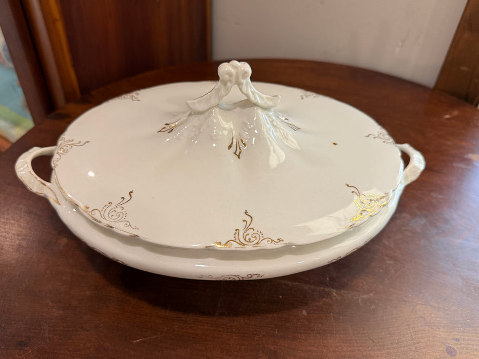 Antique Haviland & Co. Limoges Covered Vegetable Bowl | White Porcelain Serving Dish with Gold Trim | France