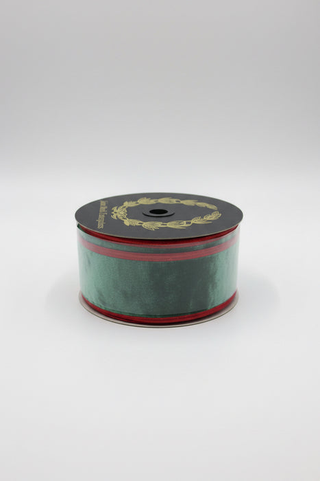 Green Velvet Double Sided Fused Metallic Dupion Red Piping John Mark Ribbon: 2.5in wide x 10yd