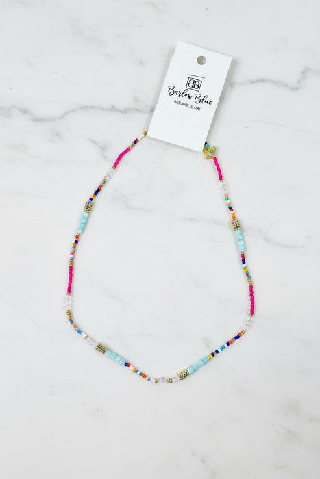 Hot Pink & Light Blue Thin Beaded Necklace with Small Colorful Beads- Perfect for Layering