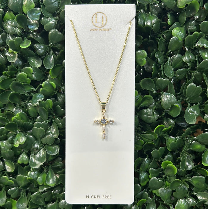 Small Crystal & Stone Cross Necklace- available in 2 colors!