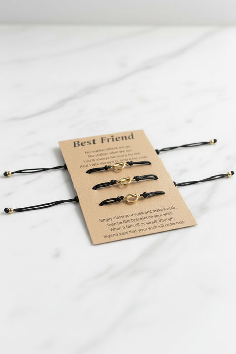Best Friend Knotted Set of 3 Black Drawstring Bracelets