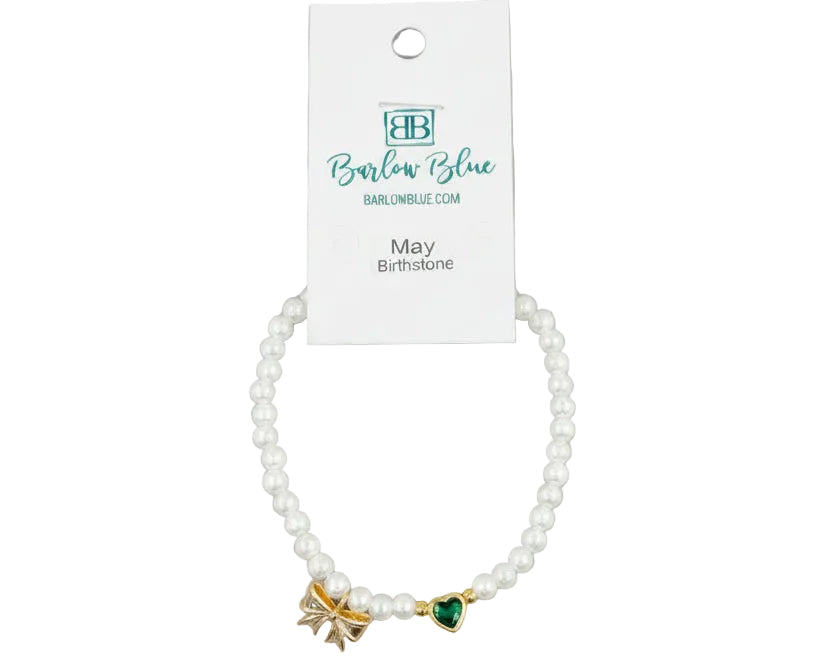 Bow & Pearl Birthstone Bracelets with Heart Birthstones