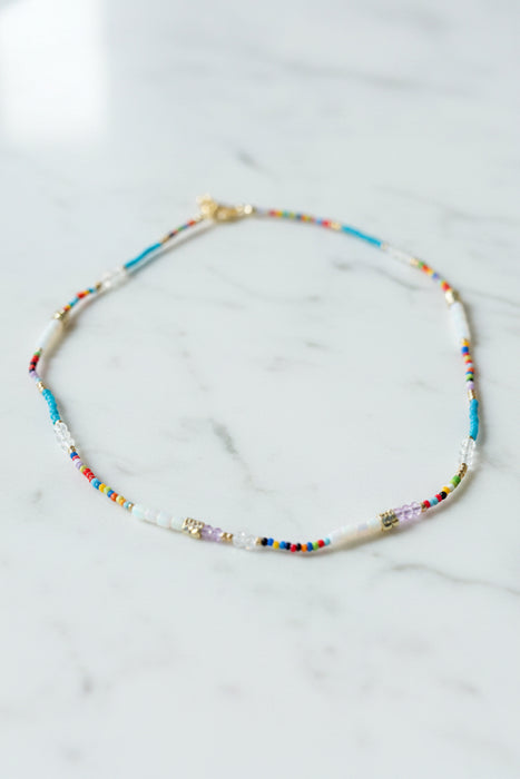 Colorful Beaded Necklace with White and Gold Accent