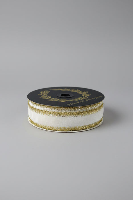 Velvet Metallic Dupion Double Sided Fused Tinsel Edge White John Mark Ribbon: 1 in wide x 10yd