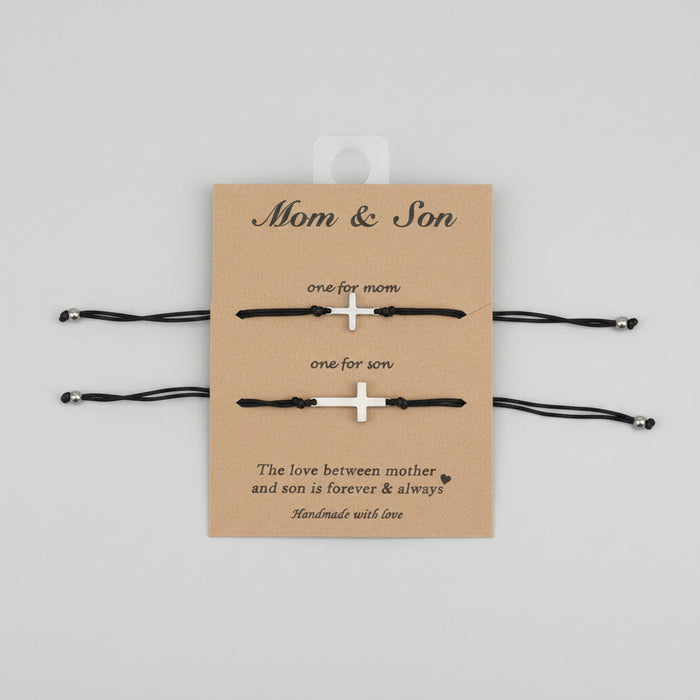 Silver Crosses on Black String Mom & Son Bracelets - Set of 2