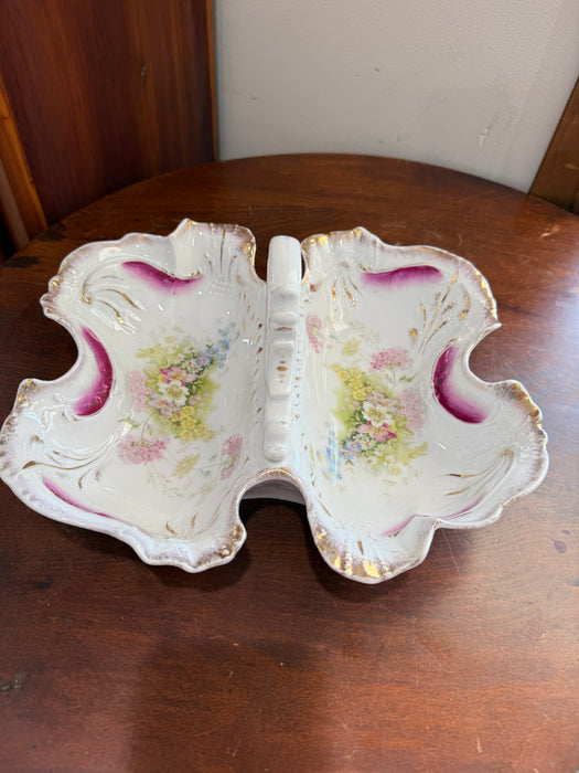Stunning Antique German Victorian Double Lobe Floral Serving Bowl | Hand Painted Porcelain Candy Dish | Gold Gilt Center Handle