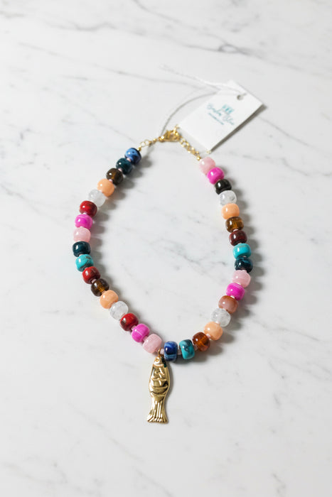 Chunky Beaded Necklace with Gold Sardine Charm