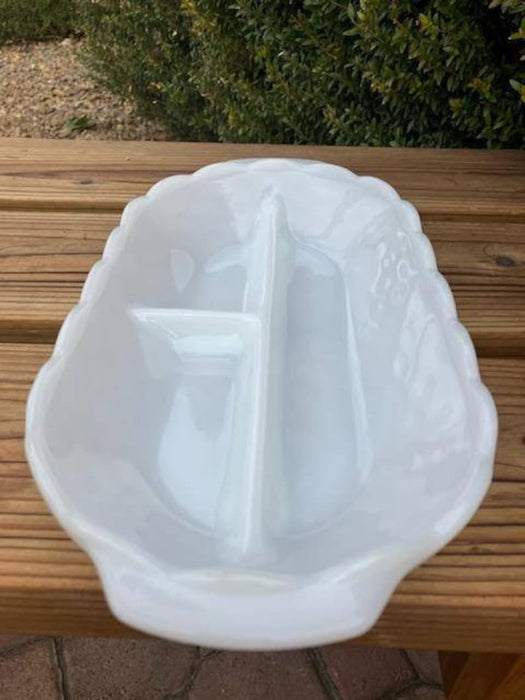 Vintage Milk Glass Divided Relish Tray with Diamond Basket Weave Pattern.