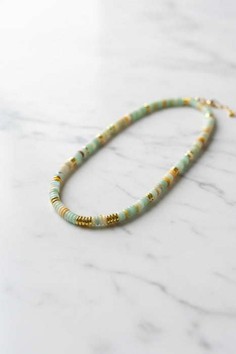 Shades of Teals & Nudes Thin Beaded Necklace with Gold Accents