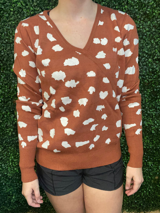 #22 Rust Colored Cow Print Crossover Sweater (XS, 2X, 3x) Runs Small.  2x fits like a Large, 3x fits like XL.