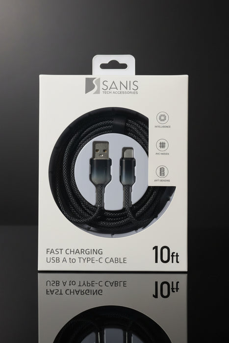 Black- 10ft Crystal Cable, USB A to C