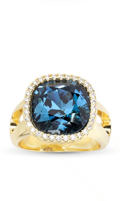 Gold CZ and Large Crystal Blue Ring