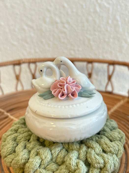 Vintage Swan & Flower Ceramic Trinket Box