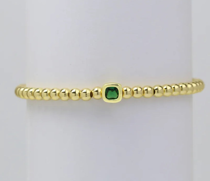 The Confetti - Gold Beaded Bracelet with Square shaped Birthstone Charm