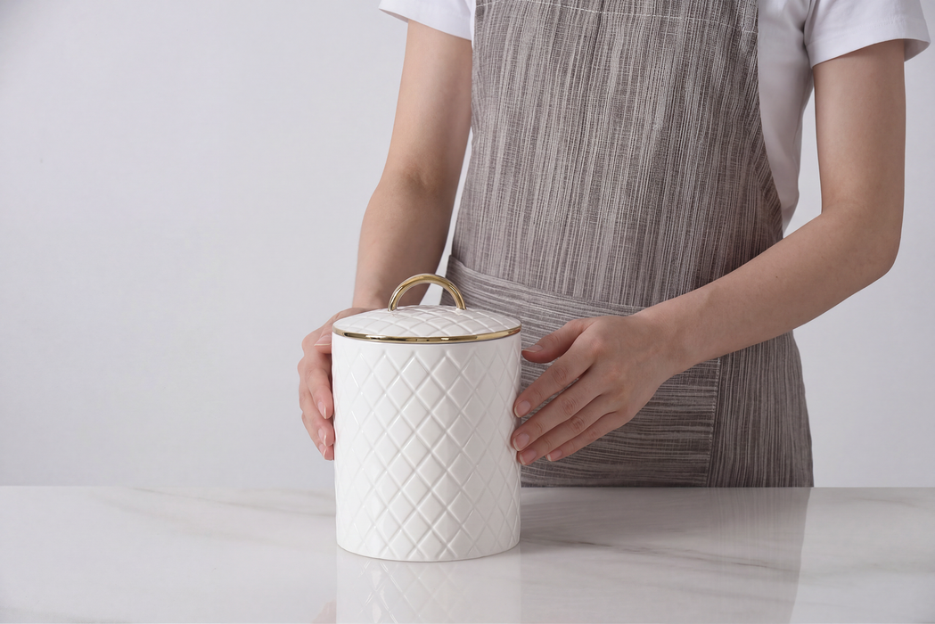 Large White & Gold Diamond Canister