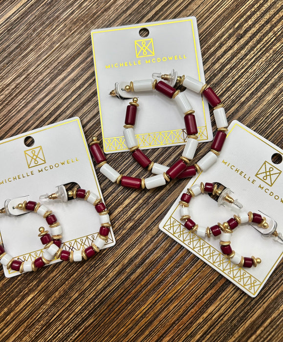 Maroon, White, & Gold Beaded Cara Hoops- Perfect For Game Day To Show Your School Spirit!!