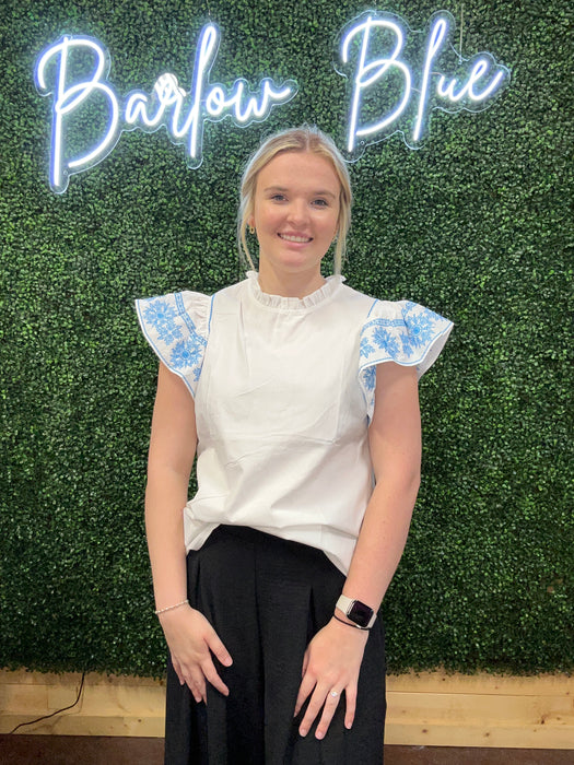 White Top with Blue Embroidered Ruffle Sleeves