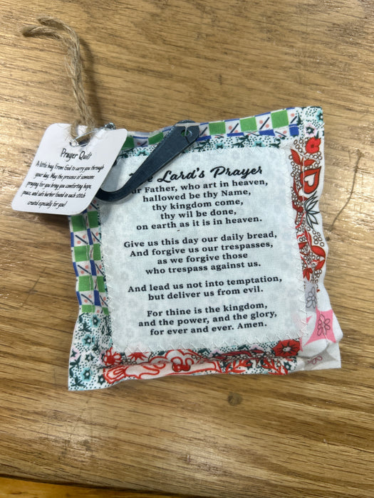 Square Pocket Prayer Quilt with a Wood Cross Inside.  Different Verses or Quotes Available.