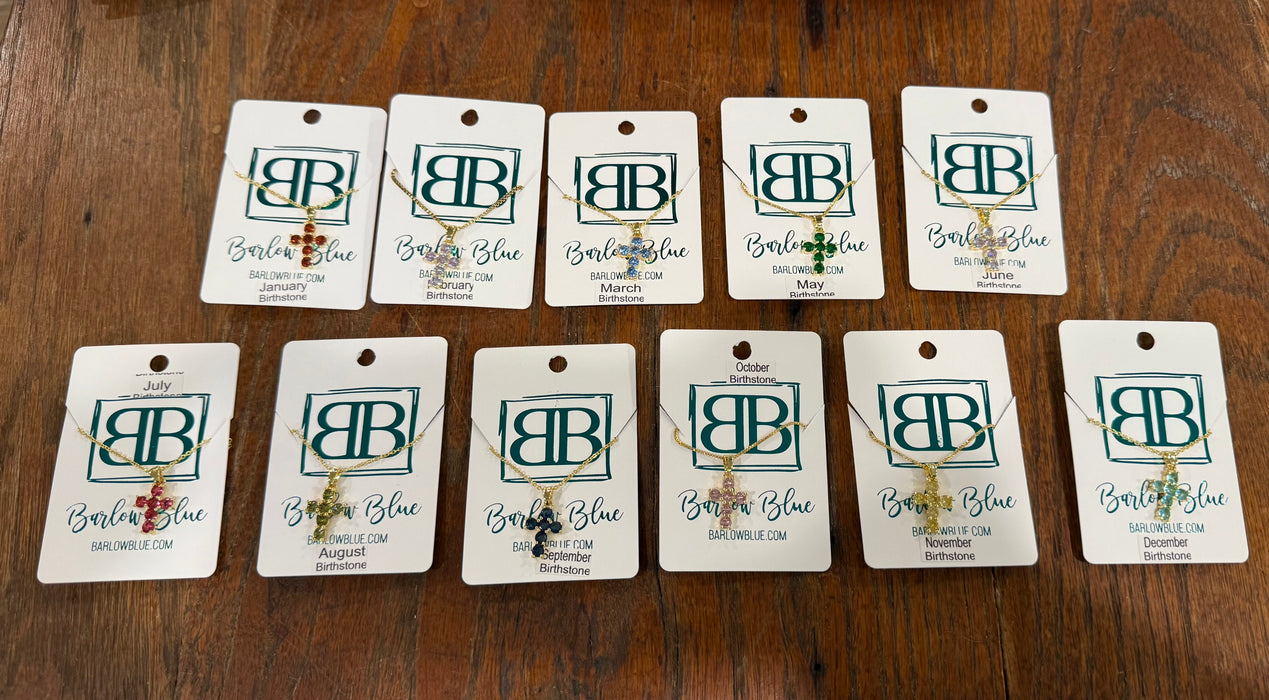 Birthstone CZ Cross Necklace.  Available in Gold or Silver.  Adjustable slide Necklace.