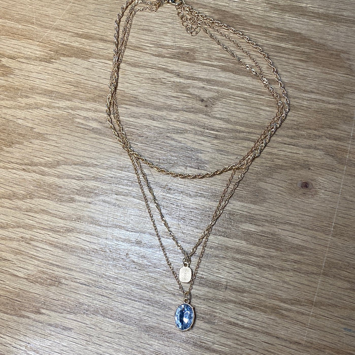 3 layered necklace- Silver gemstone, detailed square, and rope chain