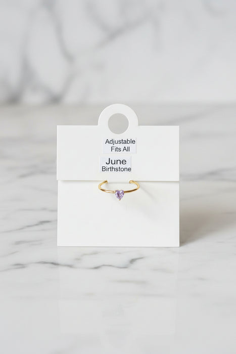 Birthstone Heart Rings on Gold Band- Adjustable Fits All