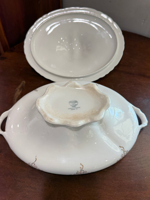 Antique Haviland & Co. Limoges Covered Vegetable Bowl | White Porcelain Serving Dish with Gold Trim | France