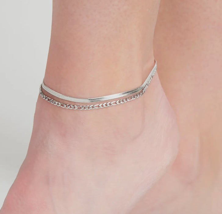 Waterproof Silver Multi Row Snake Chain Anklet