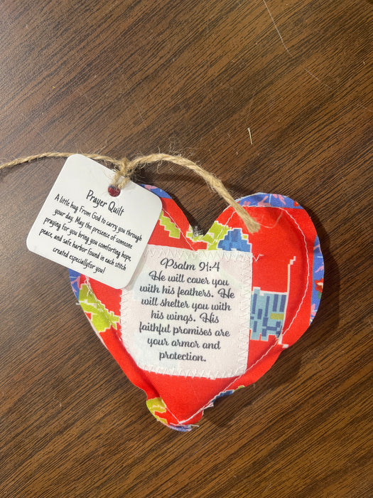 Heart Shape Pocket Prayer Quilt with a Wood Cross Inside.  Different Verses or Quotes Available.