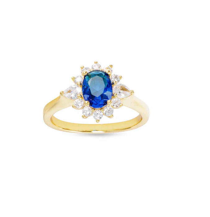Gold CZ Blue Oval Ring