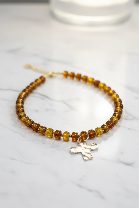 Brown Chunky Beaded Necklace with Gold Accents and Hammered Cross